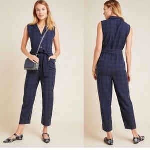 ANTHROPOLOGIE Plaid Brielle navy button down romper jumpsuit onesie wide leg
